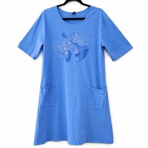 Sabaku Artwear Dress Womens L/XL Blue Midi Floral Bird Cotton Pockets Casual USA